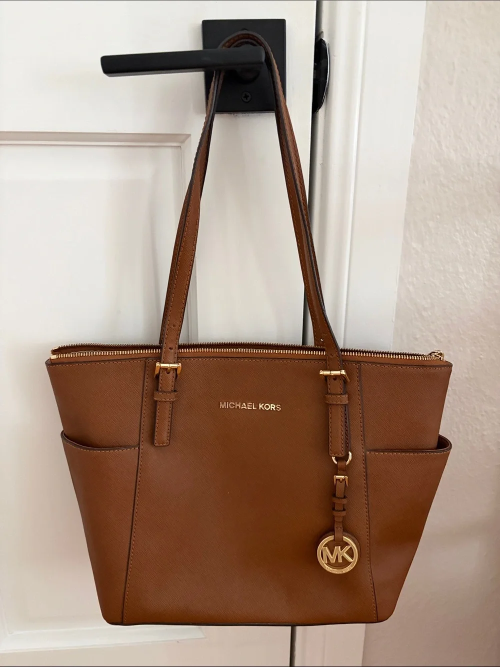 Michael Kors Tan Saffiano Leather Tote with Gold MK Charm
